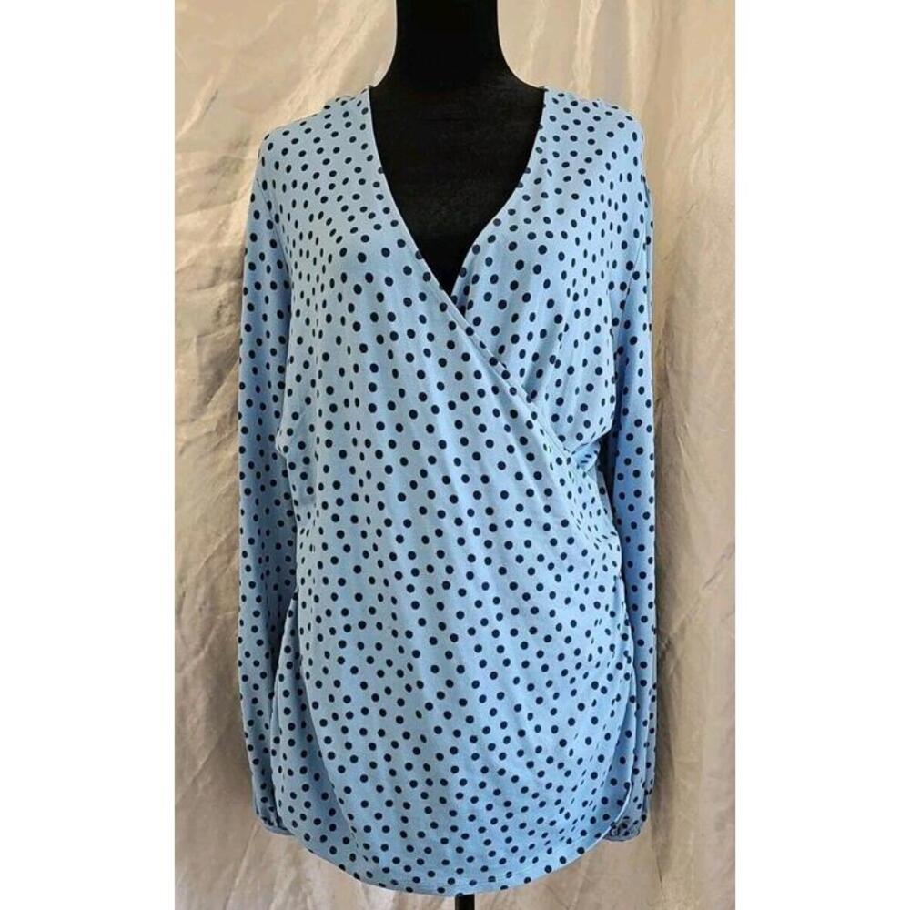 Boden Faux Wrap Blouse 18 Light Blue Navy‎ Blue Polka Dot Print V Neck Plus Size